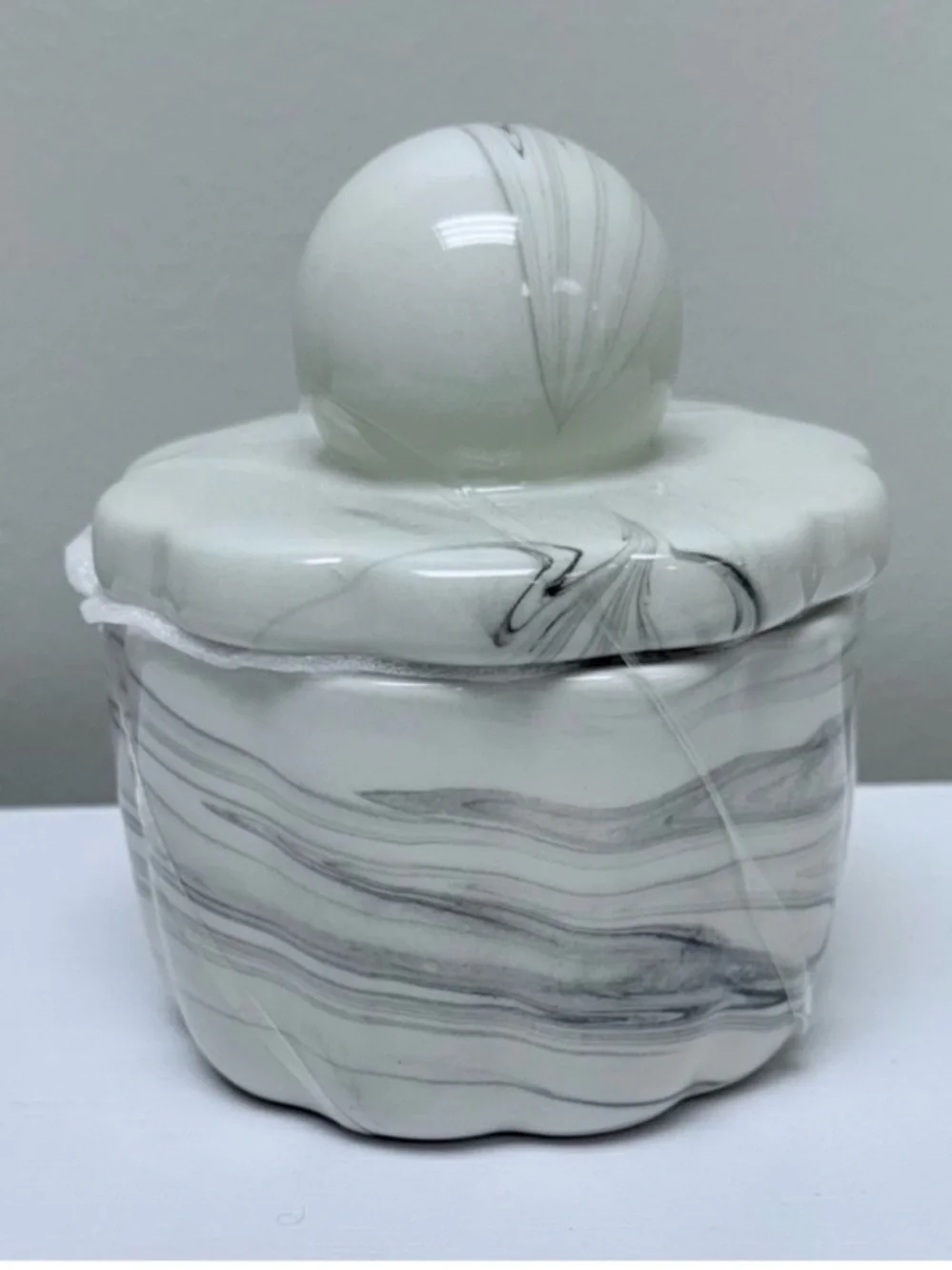 New! Ceramic Jar w/ Lid, Black & White Marble Finish